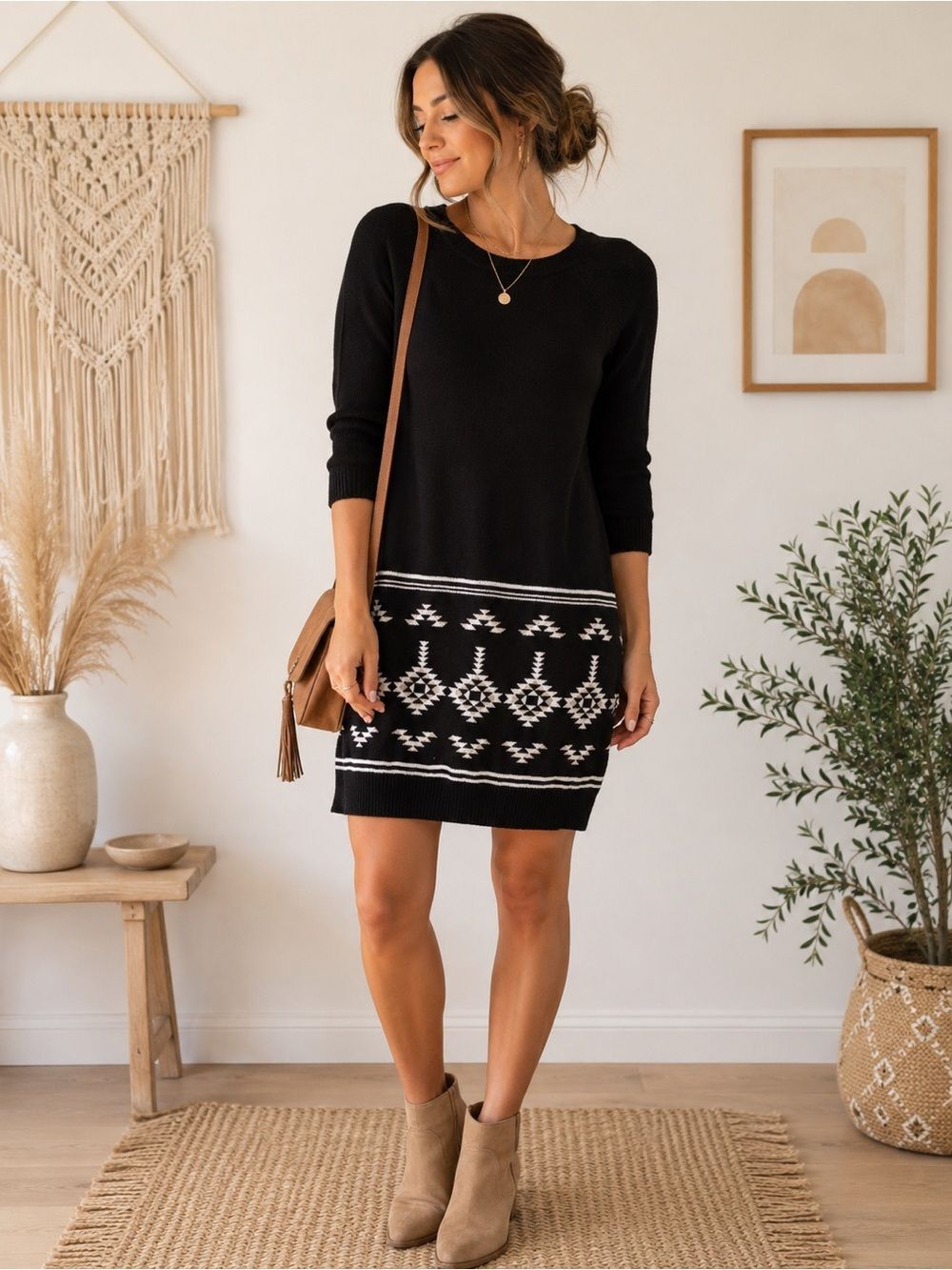 Sequin Hearts Black & White Mini Sweater Dress Aztec Print